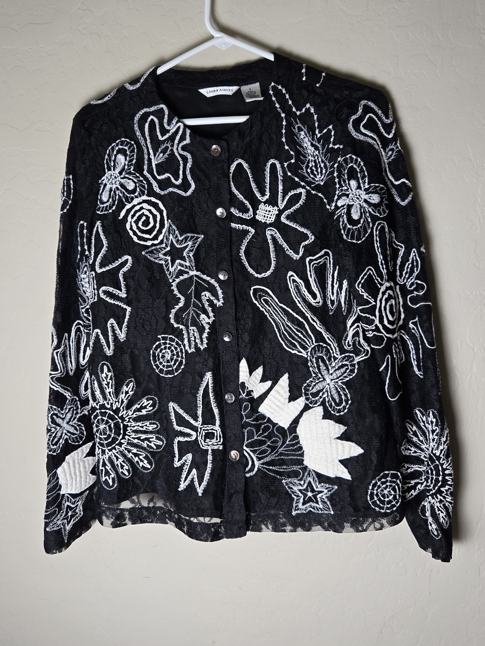 VTG Laura Ashley Lace Embroidered Blazer Jacket Black S Rayon Mother of Pearl